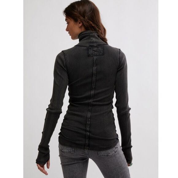 free people XS Black Brynn Turtleneck Scrunched Ribbed Thermal Cotton Top - Picture 16 of 16